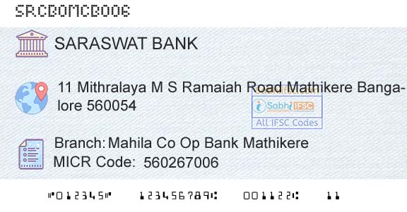 Saraswat Cooperative Bank Limited Mahila Co Op Bank MathikereBranch 