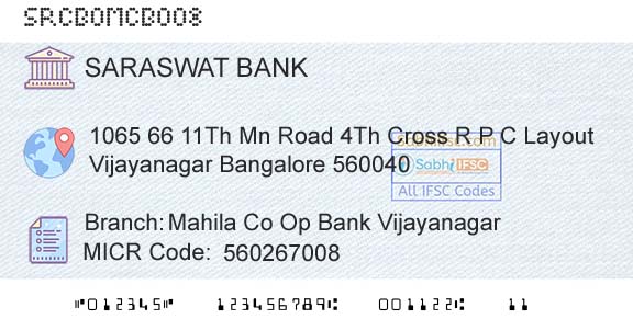 Saraswat Cooperative Bank Limited Mahila Co Op Bank VijayanagarBranch 