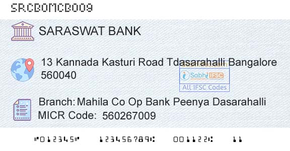Saraswat Cooperative Bank Limited Mahila Co Op Bank Peenya DasarahalliBranch 