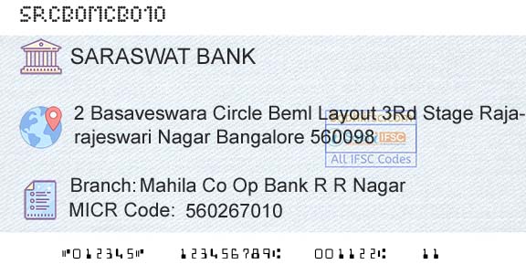 Saraswat Cooperative Bank Limited Mahila Co Op Bank R R NagarBranch 
