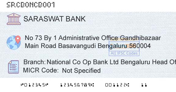 Saraswat Cooperative Bank Limited National Co Op Bank Ltd Bengaluru Head OfficeBranch 