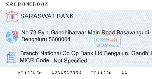Saraswat Cooperative Bank Limited National Co Op Bank Ltd Bengaluru Gandhi BazaarBranch 