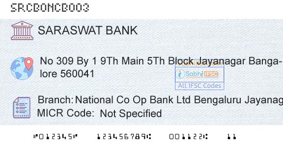 Saraswat Cooperative Bank Limited National Co Op Bank Ltd Bengaluru JayanagarBranch 