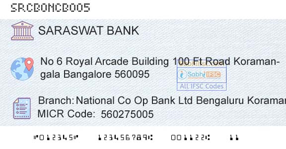 Saraswat Cooperative Bank Limited National Co Op Bank Ltd Bengaluru KoramangalaBranch 