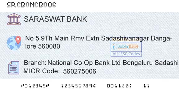 Saraswat Cooperative Bank Limited National Co Op Bank Ltd Bengaluru SadashivanagarBranch 