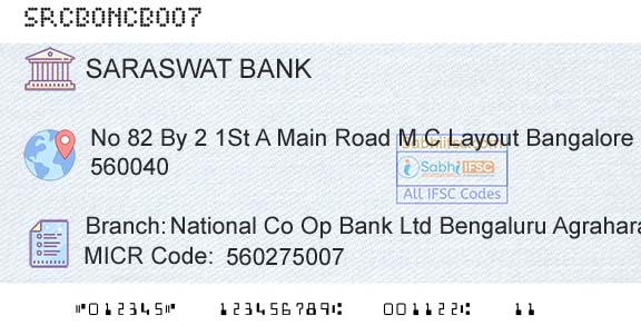 Saraswat Cooperative Bank Limited National Co Op Bank Ltd Bengaluru AgraharadasarahaBranch 