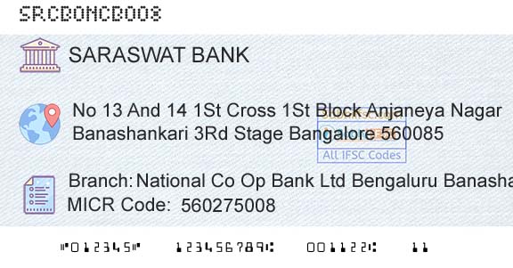 Saraswat Cooperative Bank Limited National Co Op Bank Ltd Bengaluru Banashankari 3rdBranch 