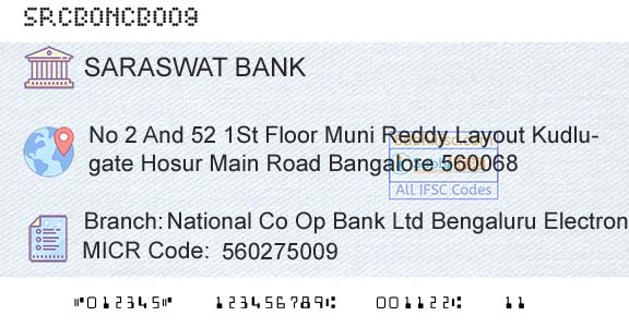 Saraswat Cooperative Bank Limited National Co Op Bank Ltd Bengaluru Electronic CityBranch 