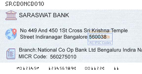 Saraswat Cooperative Bank Limited National Co Op Bank Ltd Bengaluru Indira NagarBranch 