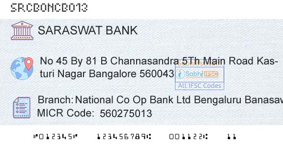 Saraswat Cooperative Bank Limited National Co Op Bank Ltd Bengaluru BanasawadiBranch 