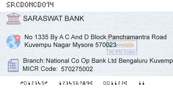 Saraswat Cooperative Bank Limited National Co Op Bank Ltd Bengaluru Kuvempu Nagar MyBranch 