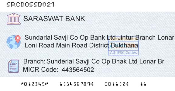 Saraswat Cooperative Bank Limited Sunderlal Savji Co Op Bnak Ltd Lonar Br Branch 