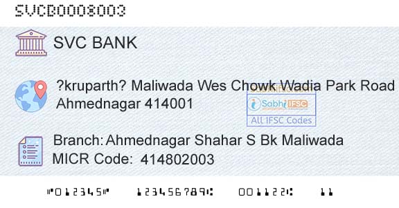 The Shamrao Vithal Cooperative Bank Ahmednagar Shahar S Bk MaliwadaBranch 