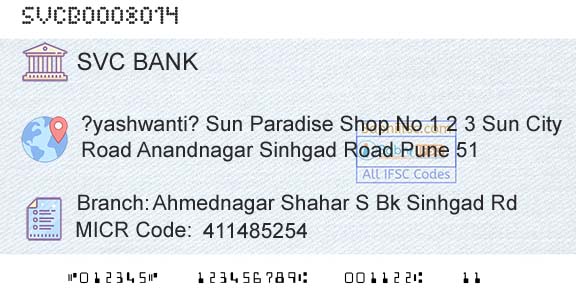 The Shamrao Vithal Cooperative Bank Ahmednagar Shahar S Bk Sinhgad RdBranch 