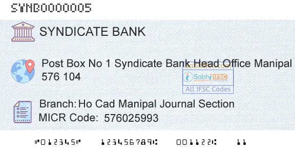 Syndicate Bank Ho Cad Manipal Journal SectionBranch 
