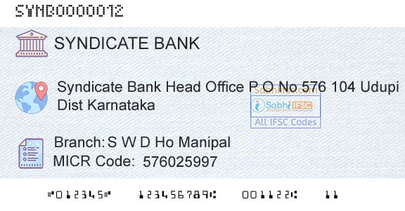 Syndicate Bank S W D Ho ManipalBranch 