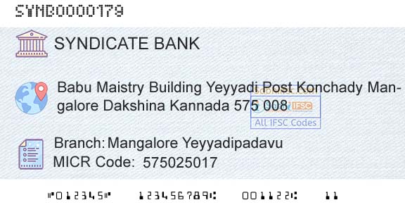 Syndicate Bank Mangalore YeyyadipadavuBranch 