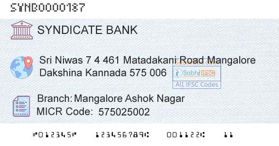 Syndicate Bank Mangalore Ashok NagarBranch 