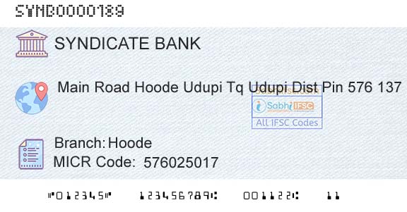 Syndicate Bank HoodeBranch 