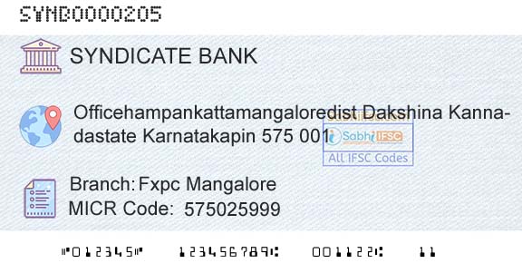 Syndicate Bank Fxpc MangaloreBranch 