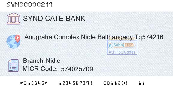 Syndicate Bank NidleBranch 