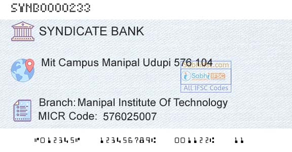 Syndicate Bank Manipal Institute Of TechnologyBranch 