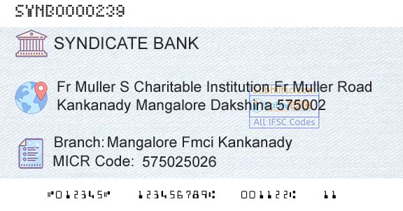 Syndicate Bank Mangalore Fmci KankanadyBranch 