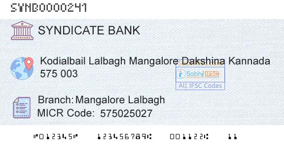 Syndicate Bank Mangalore LalbaghBranch 