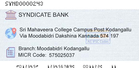 Syndicate Bank Moodabidri KodangalluBranch 