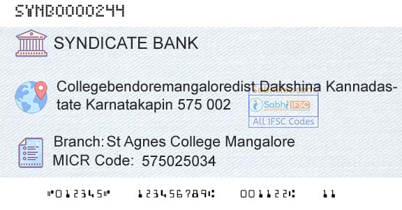 Syndicate Bank St Agnes College MangaloreBranch 