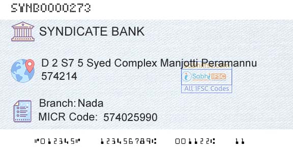 Syndicate Bank NadaBranch 