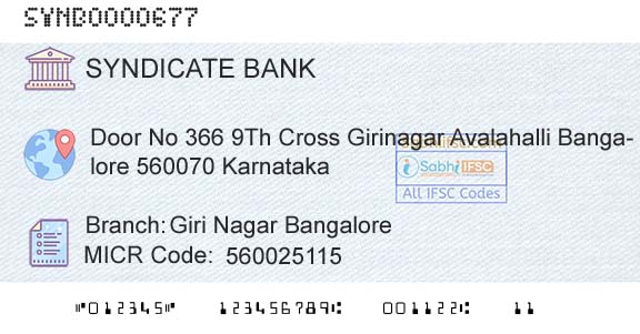 Syndicate Bank Giri Nagar BangaloreBranch 