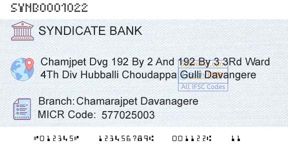 Syndicate Bank Chamarajpet DavanagereBranch 