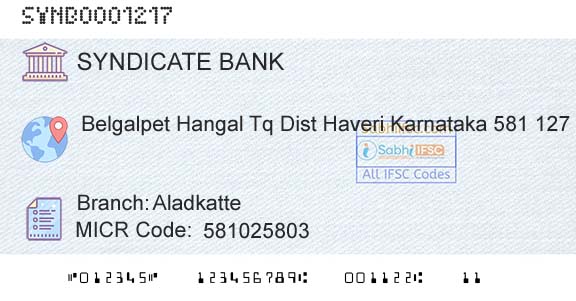 Syndicate Bank AladkatteBranch 