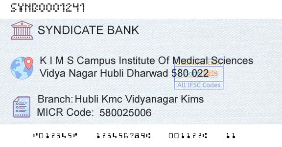 Syndicate Bank Hubli Kmc Vidyanagar KimsBranch 