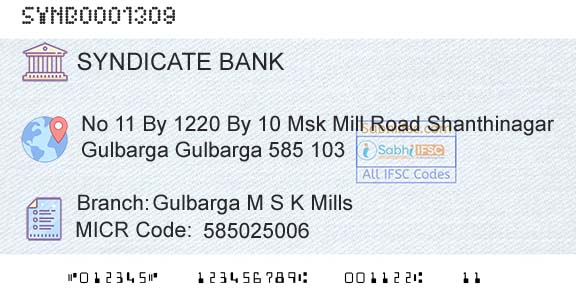 Syndicate Bank Gulbarga M S K MillsBranch 