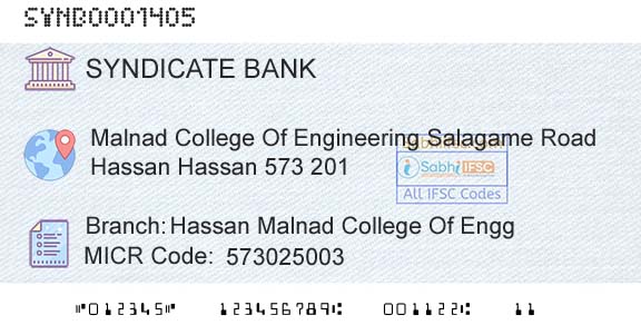 Syndicate Bank Hassan Malnad College Of EnggBranch 