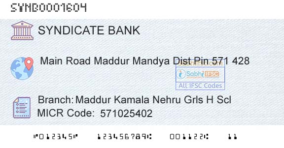 Syndicate Bank Maddur Kamala Nehru Grls H SclBranch 