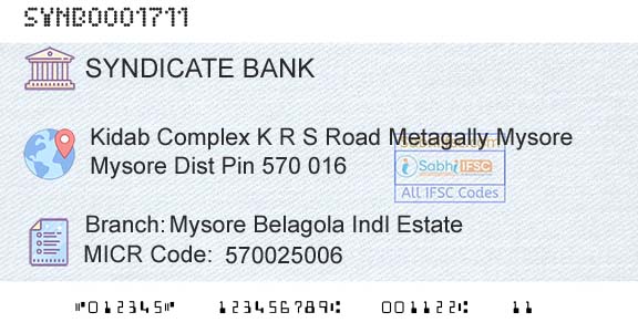 Syndicate Bank Mysore Belagola Indl EstateBranch 