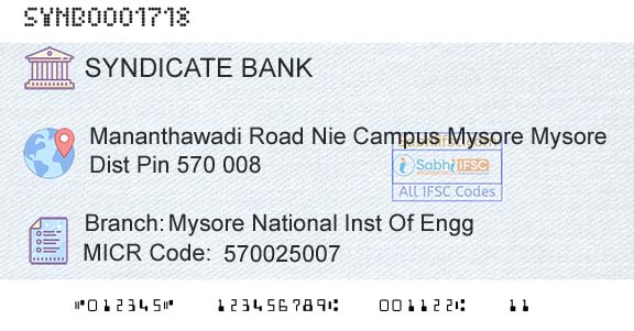 Syndicate Bank Mysore National Inst Of EnggBranch 