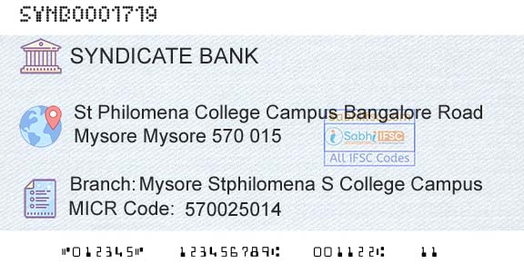 Syndicate Bank Mysore Stphilomena S College CampusBranch 
