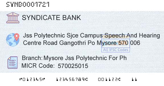 Syndicate Bank Mysore Jss Polytechnic For PhBranch 
