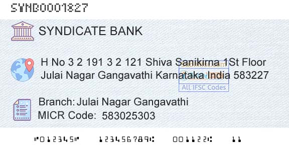 Syndicate Bank Julai Nagar GangavathiBranch 