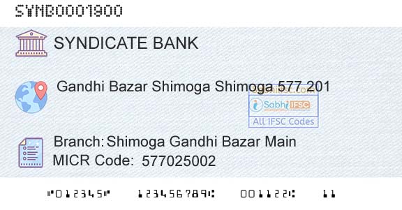 Syndicate Bank Shimoga Gandhi Bazar MainBranch 