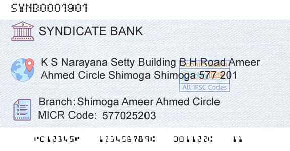 Syndicate Bank Shimoga Ameer Ahmed CircleBranch 