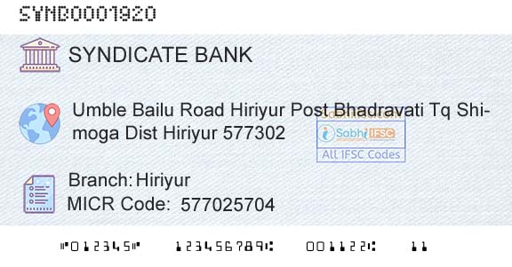 Syndicate Bank HiriyurBranch 