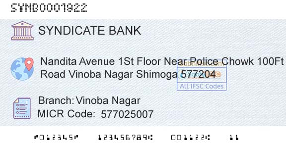 Syndicate Bank Vinoba NagarBranch 