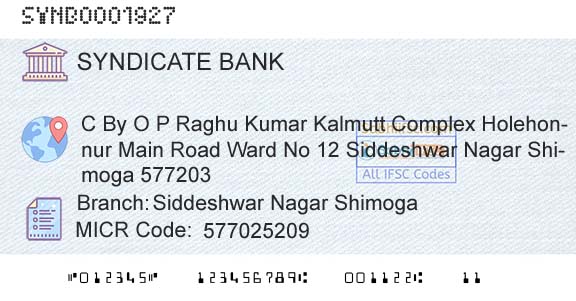 Syndicate Bank Siddeshwar Nagar ShimogaBranch 