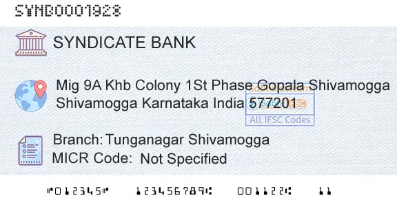Syndicate Bank Tunganagar ShivamoggaBranch 