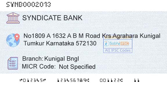 Syndicate Bank Kunigal BnglBranch 